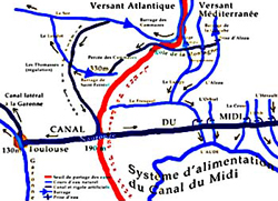 Schma d'alimention en eau du canal du Midi