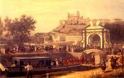 Peinture reprsentant un coche d'eau sur le canal du Midi